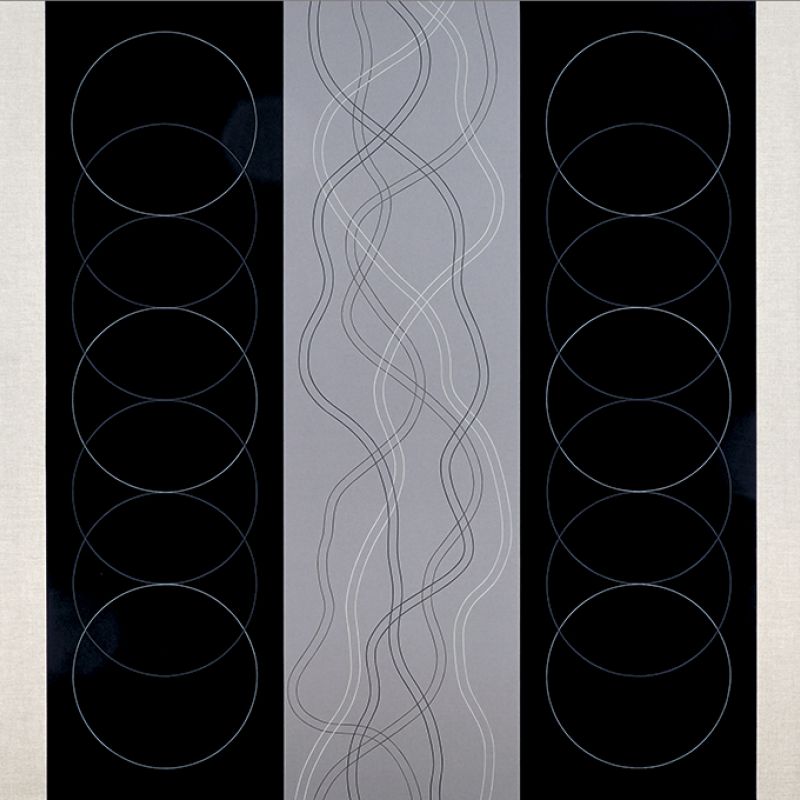 Recurrent Lines On Related Fields #5, 2017 – Reworked 2019 Acryl auf Leinwand, Baumwollstoff und Buchleinen, 5-teilig, 160 x 235 cm