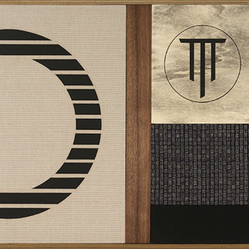 Material Matters #1, 2023 Acryl auf Leinwand und Holz; Schellack, Japanstoff, Baumwollstoff 6-teilig, Konzeptrahmen, 59 x 149 cm